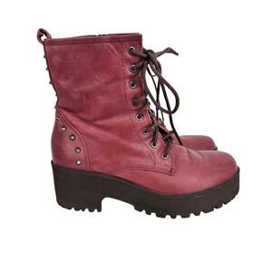 Teenmix boots women's 6 combat platform studded ankle lace up burgundy leather